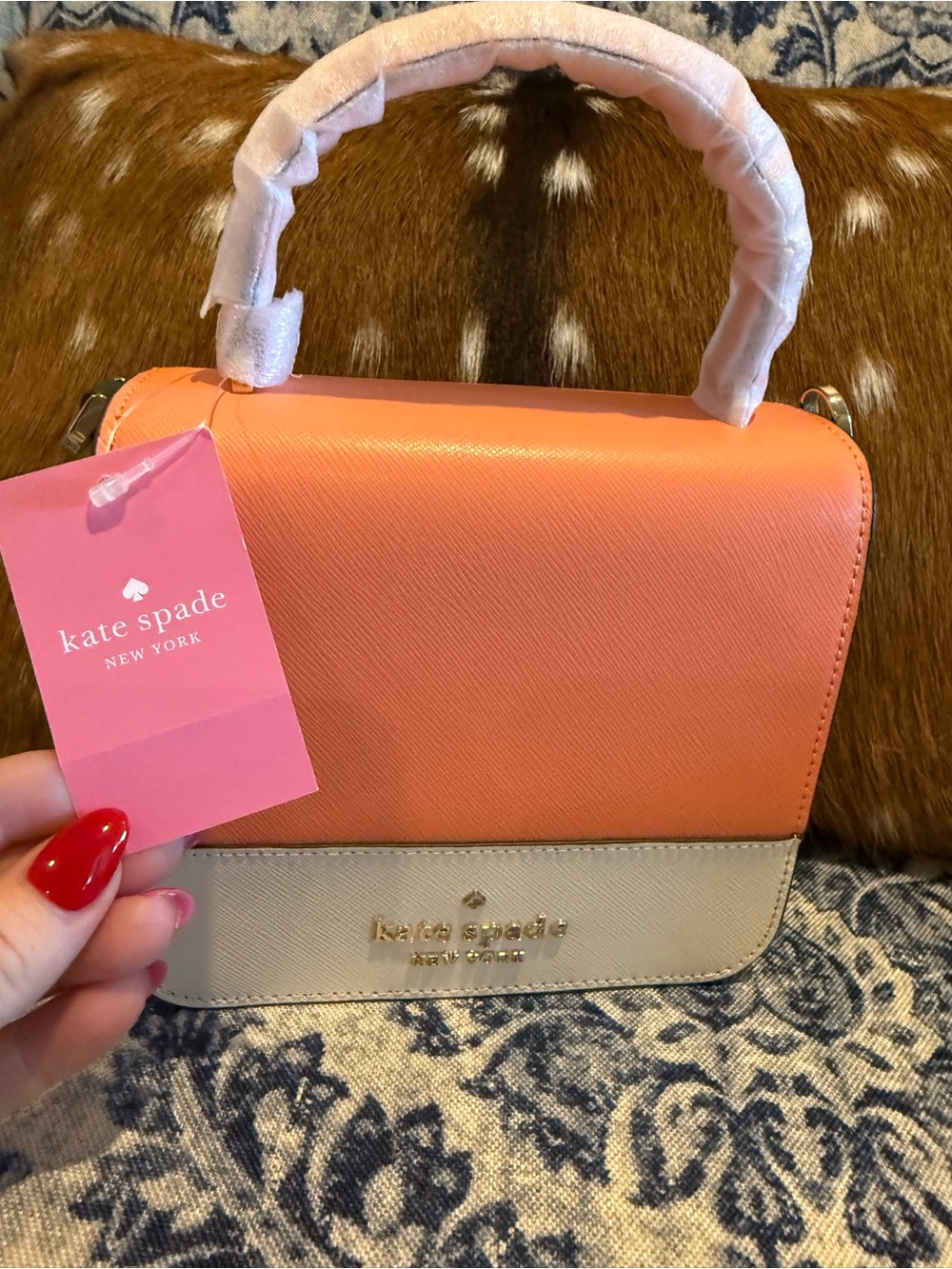 Kate Spade Coral, Cream & Forest Green Colorblock Top-Handle/Crossbody Purse
